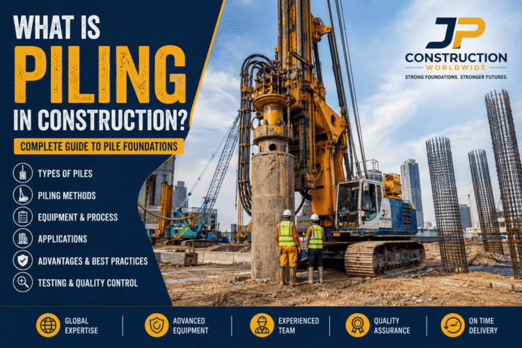 Hydraulic piling rig working at construction site Bored pile foundation construction DMC piling construction process Piling rig drilling foundation pile Reinforcement cage for bored pile Deep foundation pile construction Pile foundation construction site